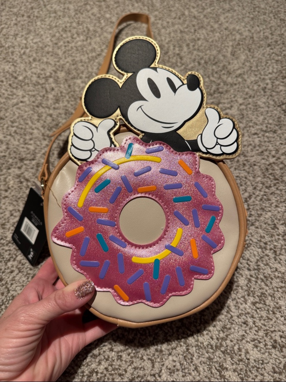 Bioworld Beige & Tan Crossbody Bag with Pink Donut & Black Mickey Accent